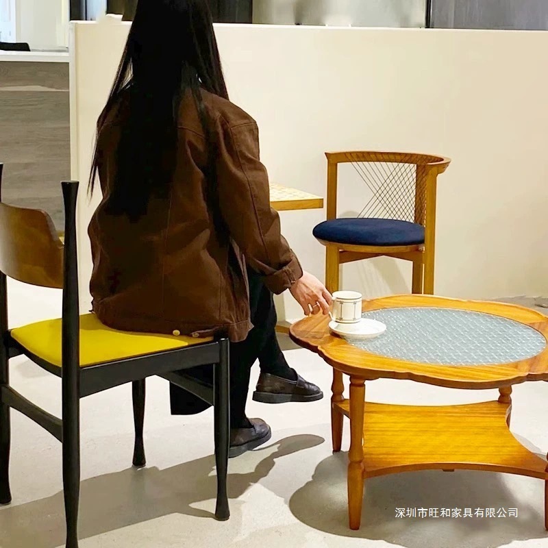 中古餐椅家用设计师羊羔绒实木靠背休闲椅侘寂风复古简约餐厅椅子|undefined