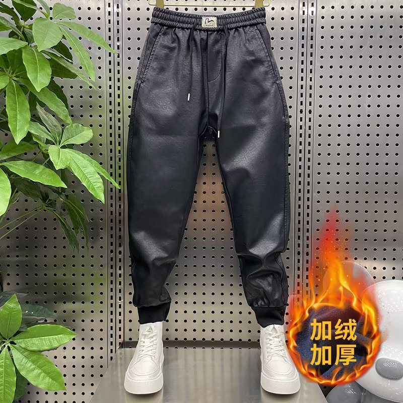 2024 Autumn/Winter Men's Motorcycle Outdoor Riding Leather Pants, PU Warm Windproof Fleece Lined Slim Fit Pants