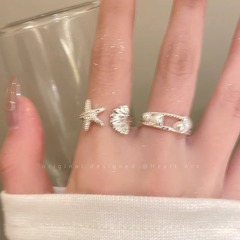 海星貝殻真珠二重指輪海辺のリゾート風気質個性ファッションデザイン感シンプルなリング