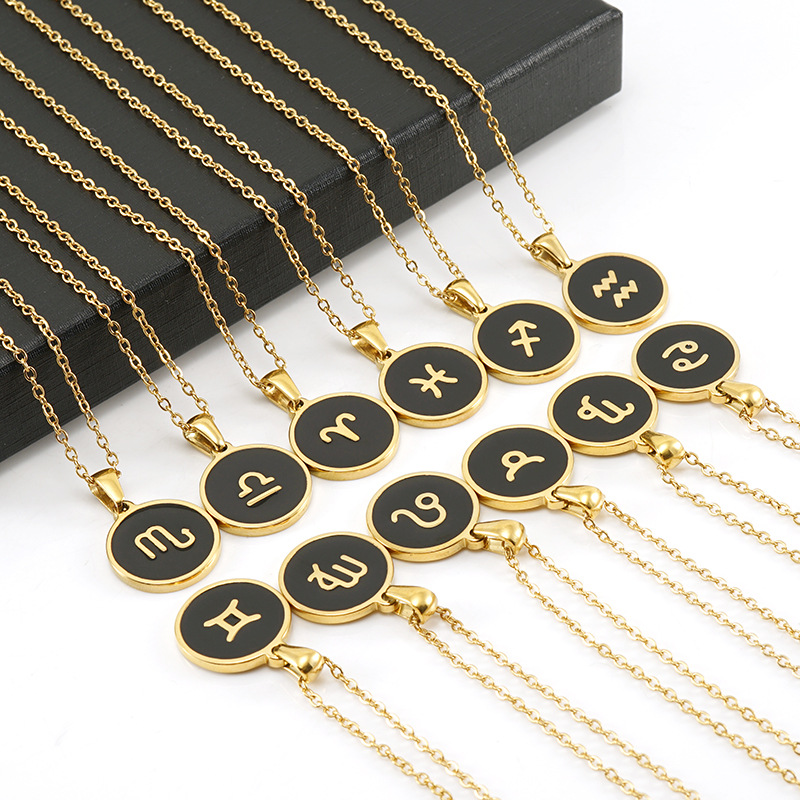 Fashion Round Constellation Stainless Steel Pendant Necklace Enamel Gold Plated Stainless Steel Necklaces display picture 3