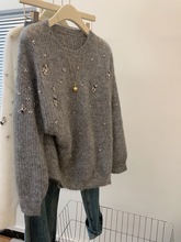 轻奢重工钉珠设计感羊毛针织衫早秋小众套头长袖毛衣舒适百搭上衣