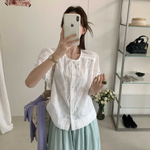 苏珊 韩系女装2026夏季新款法式重工刺绣圆领绑带短袖小衫TW893-1