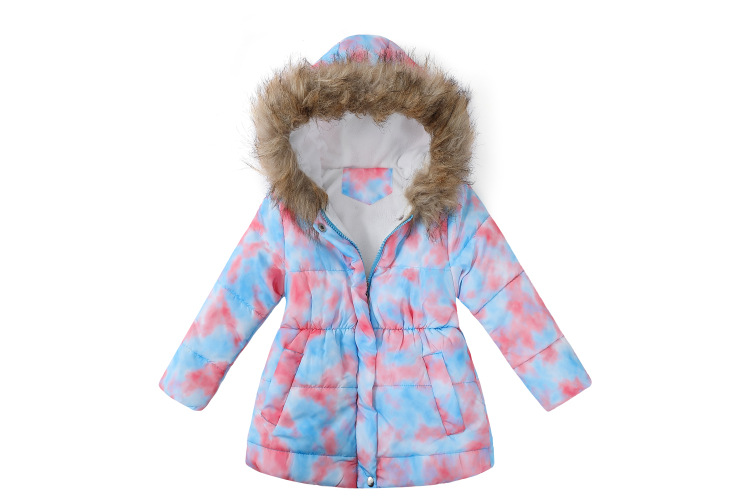 Roupas infantis Novas meninas inverno longo com capuz gola de pele casaco de algodão estampado jaqueta de algodão infantil_voghion.com