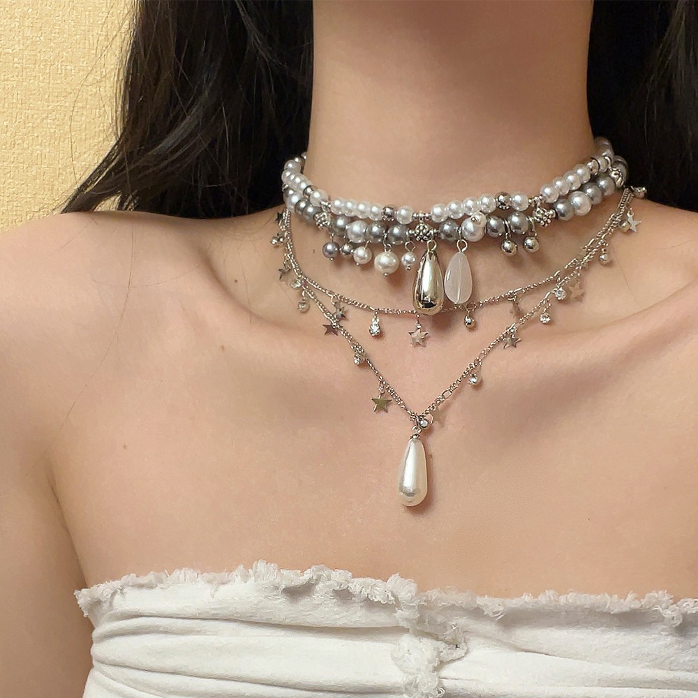 39g Weight Elegant Lady Modern Style Geometric Star Alloy Beaded Chain Cable Chain Lobster Trigger Clasp Closure Layered Necklaces Wholesale