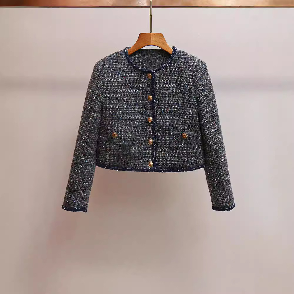S's New Autum Fashion French Style Small Fragrance Round Neck Tweed Plaid Work Clothing Short Cardigan Jacket