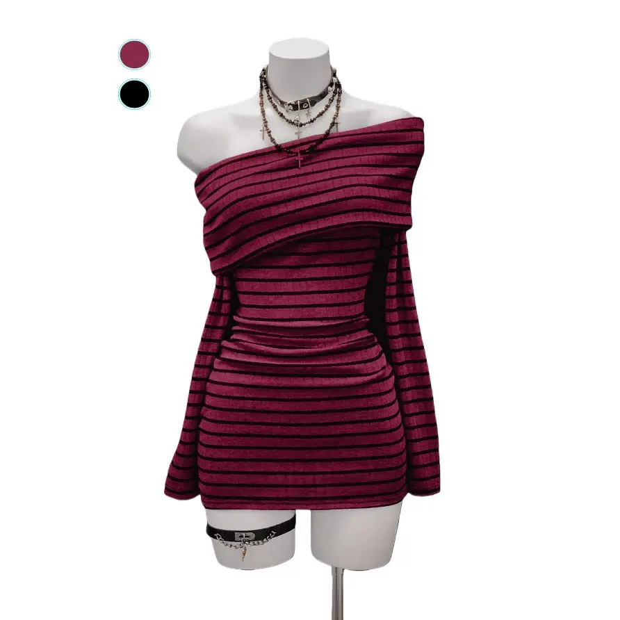 跨境秋冬连衣裙一字肩条纹长袖裙针织性感Y2K包臀裙度假风连衣裙