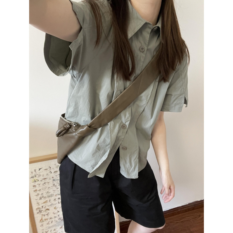 日系短袖衬衫女夏季复古设计感小众工装polo领薄款夏天衬衣外套潮|undefined