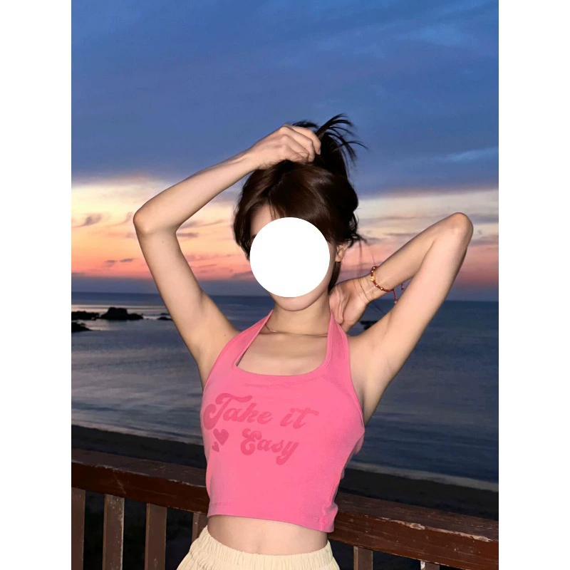 Американский горячий шейный ремень женский летний жилет розовый топ