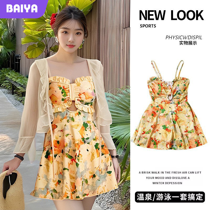2025 verano nuevo estilo francés ligeramente gordo y delgado traje de baño floral de una pieza falda de mujer blusa de manga larga traje de baño al por mayor