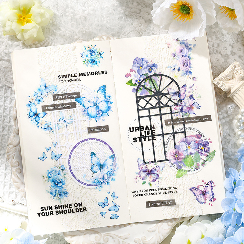 Movimiento de arbusto de flores transparente pegatinas impermeables DIY pegatinas de diario mariposa transfronteriza flor pegatinas de flores retro