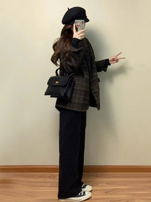 美式复古格子毛呢西装外套女秋季大码胖mm高级感气质休闲呢子大衣|undefined