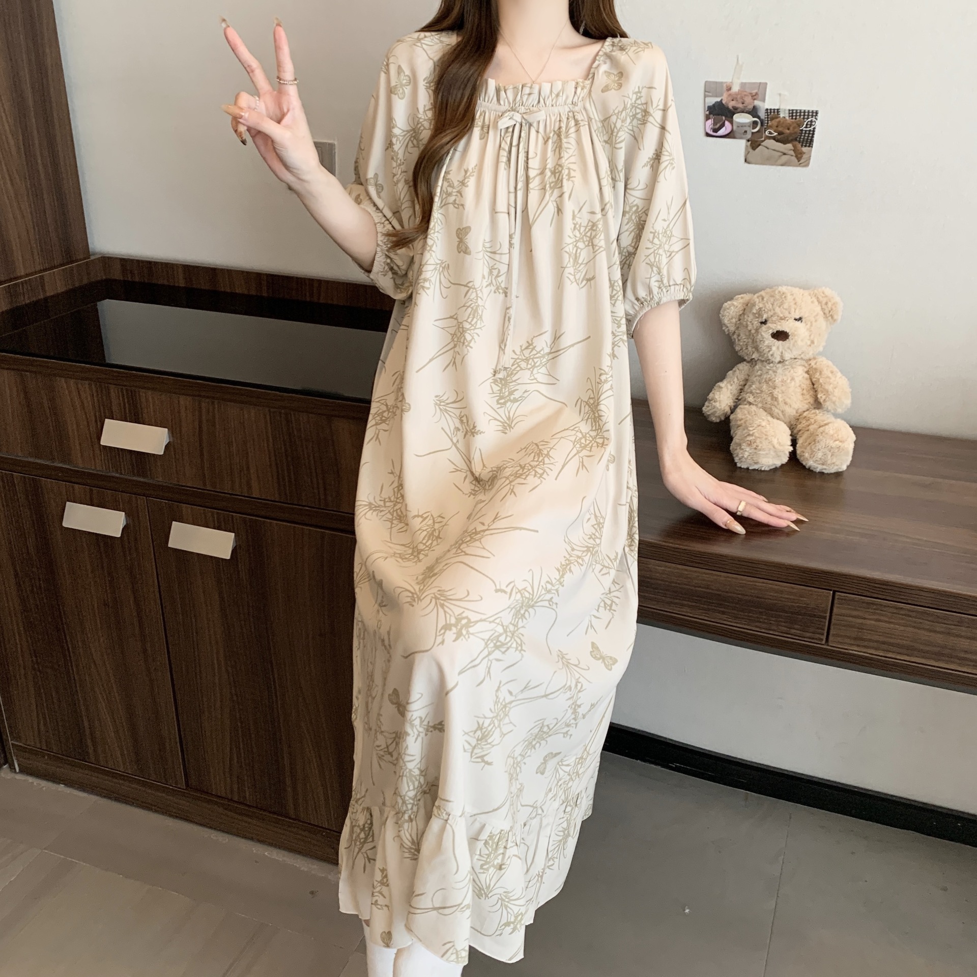 Yaoting pijamas de verano mujeres primavera y otoño encantador impresión suelta vestido larga larga larga ropa de hogar de mangas cortas HDF5291