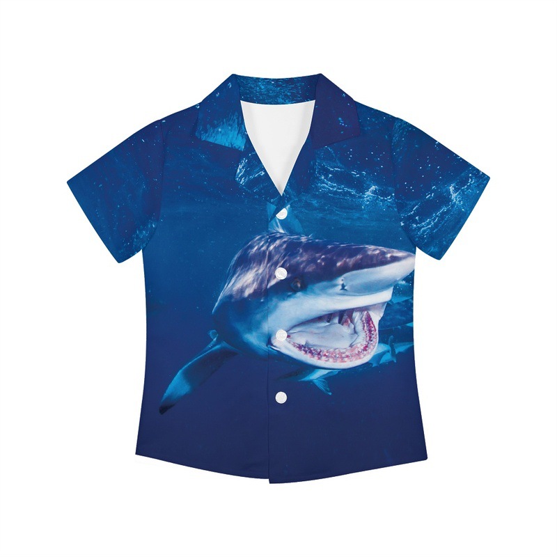 儿童夏威夷热带休闲衬衫春季新款短袖印花鲨鱼椰子树衬衣厂家直销