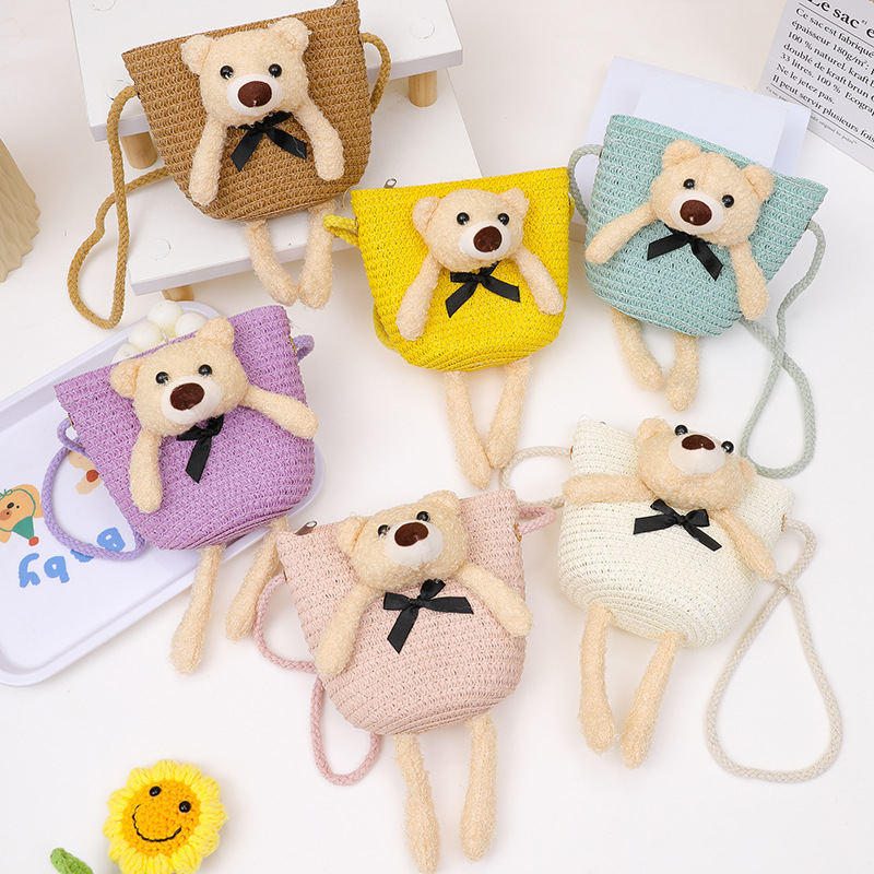 儿童单肩可爱草编包 卡通大容量女士贝壳包 简约手提手工编织包