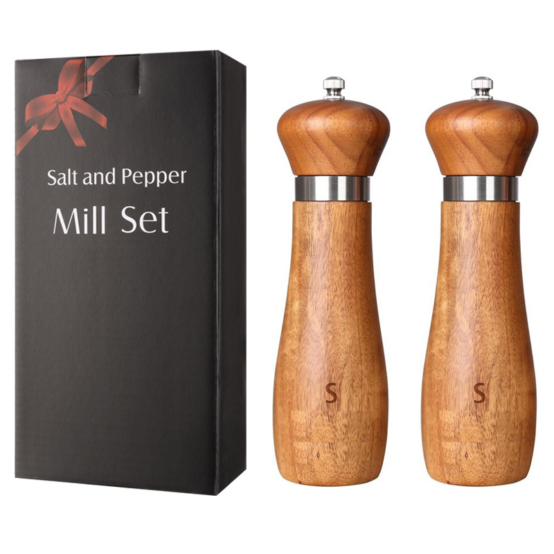 8-pulgadas de madera de acacia Molino de pimienta molino de anillo de acero espesor ajustable núcleo de cerámica molino de pimienta herramientas de cocina