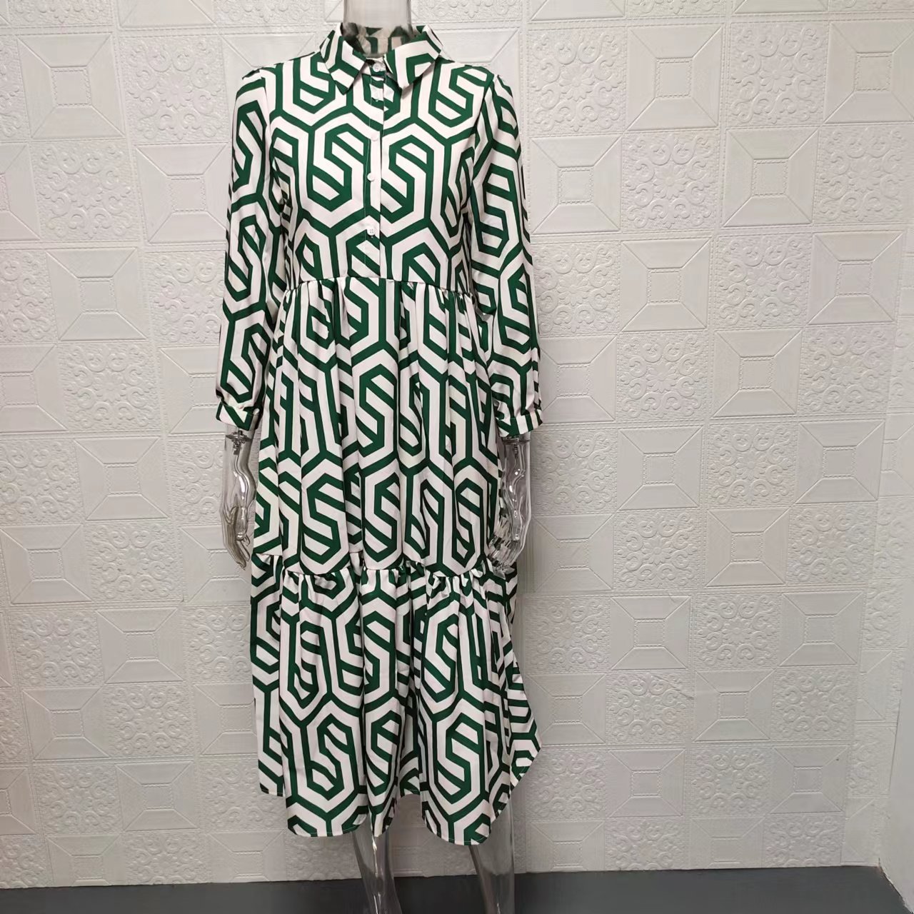 Women's Regular Dress Streetwear Turndown Printing Long Sleeve Geometric Maxi Long Dress Holiday Daily display picture 2