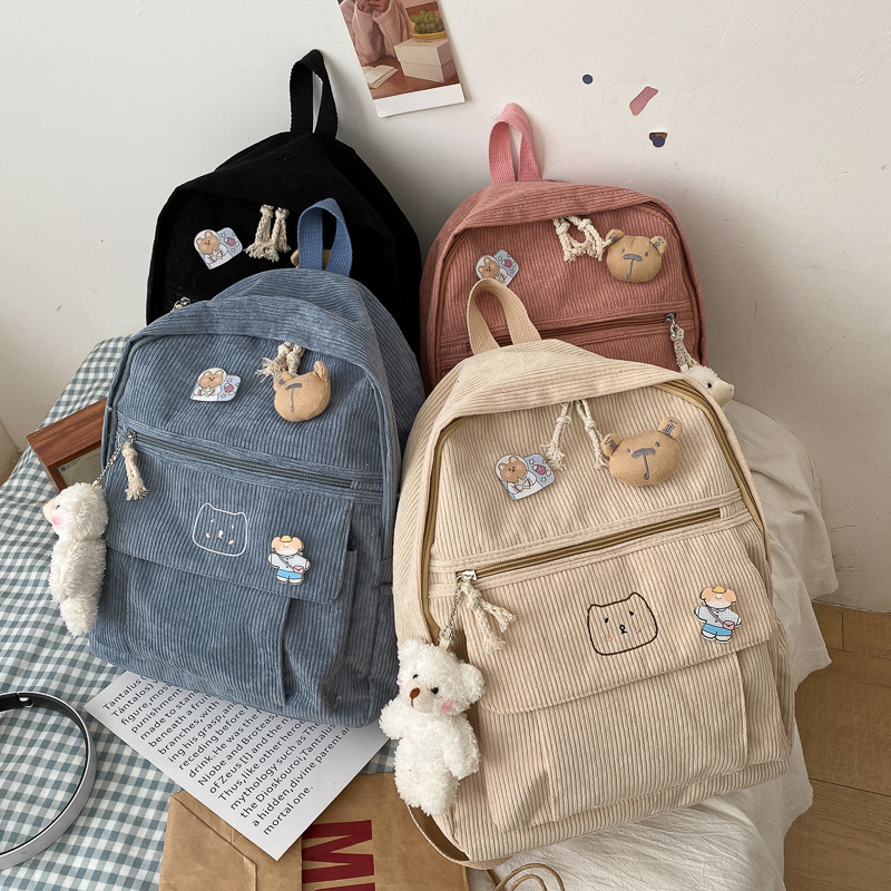Corduroy schoolbag female college students retro simple Senior high school junior high school students large capacity ins backpack 2025 new