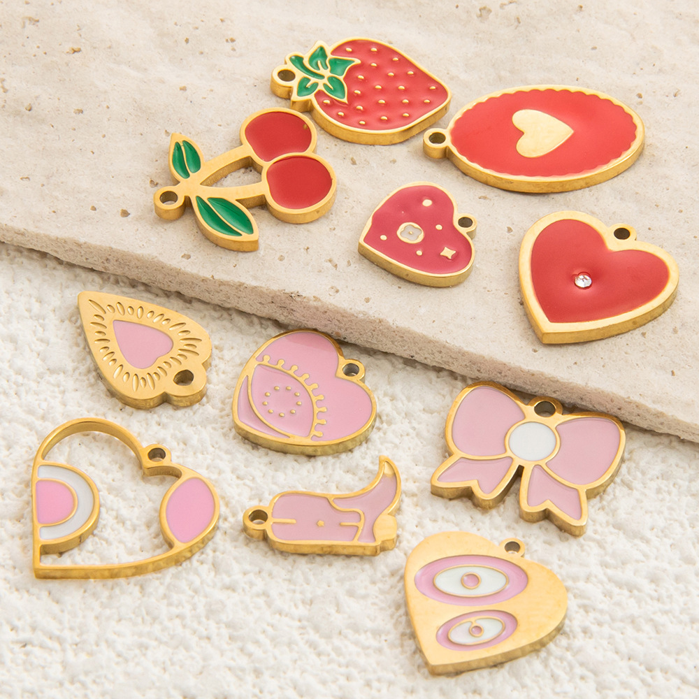 Real Gold Plated Plating Material 1 Piece 10.9mm 17.5mm 304 Stainless Steel PVD Coated Real Gold Plated Cherry Heart Shape Bow Knot Pendant DIY Jewelry Accessories