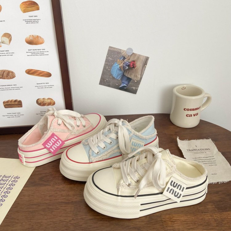 Half-Slip Women's Shoes, Two-Wear Thick-Soled Versatile Slip-Ons, 2025 New Niche Design, Height-Increasing Casual Canvas Shoes