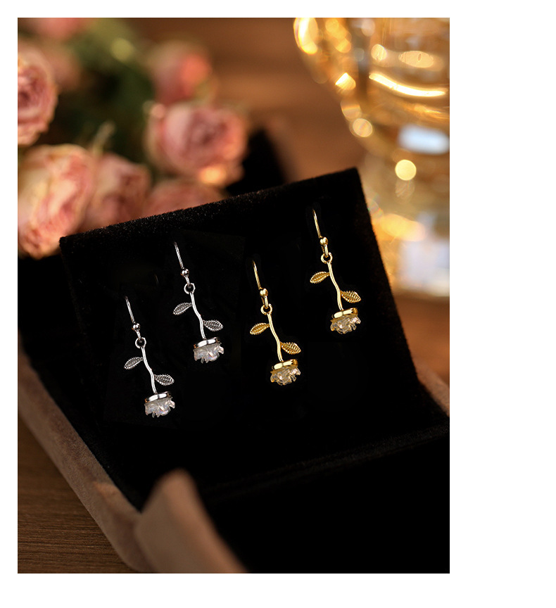 Rose Drop Earrings In Pure Silver For Women Forest Style Studs_voghion.com