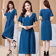 时尚洋气收腰减龄娃娃领雪纺遮肚连衣裙女士短袖韩版显瘦大码裙子
