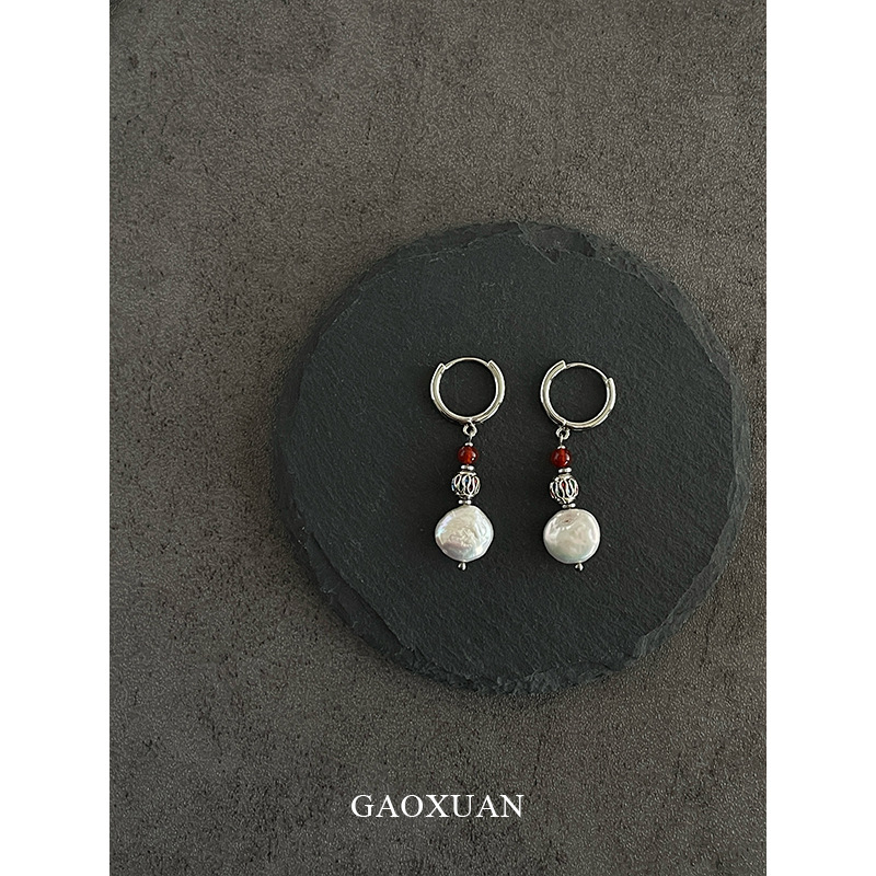 New Chinese Ethnic Style Freshwater Pearl Red Agate Earrings Retro Palace Style High-End Classical Elegant Earrings for Women