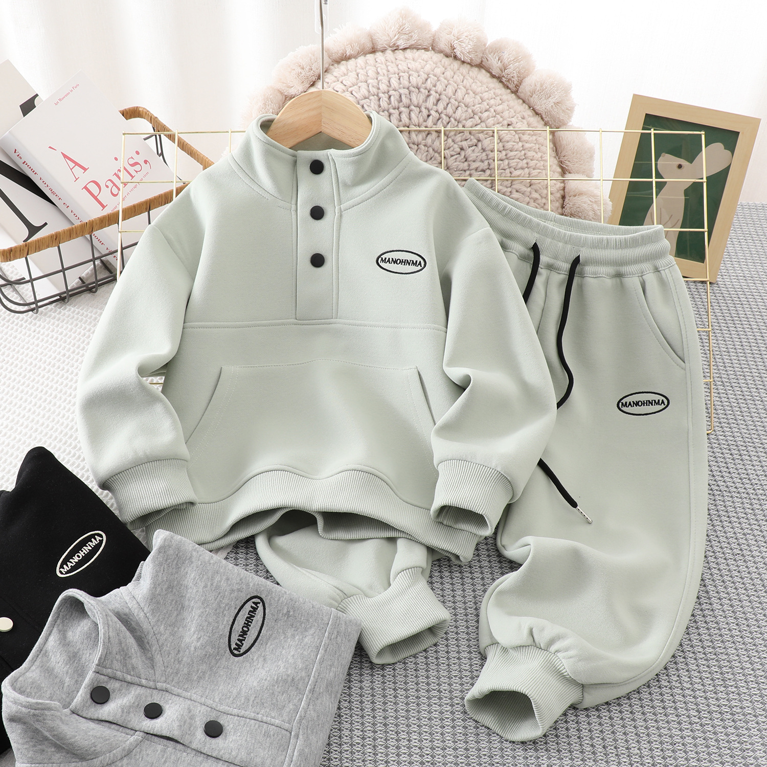 남학생 스탠드 칼라 스냅 버튼 세트 2024 년 새 어린이 운동복 봄과 가을 어린이 코트 바지 투피스 세트