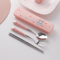 かわいいステンレス食器セット高颜値陶磁器ハンドル学生携帯食器子供箸スプーンセット