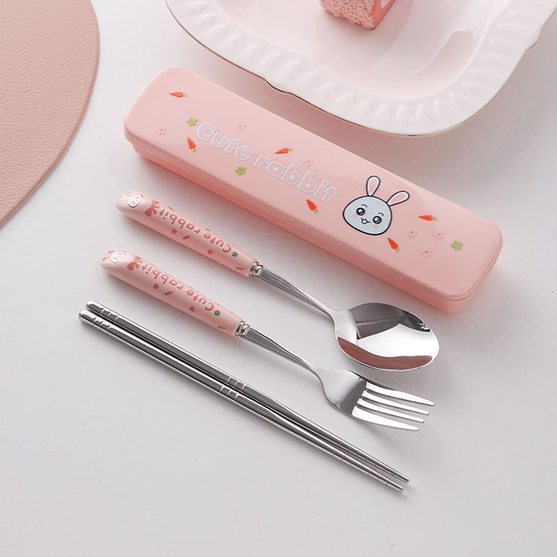 Cute stainless steel tableware suit high color value ceramic handle student portable tableware children's chopsticks spoon set
