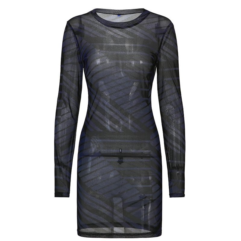 Mesh transparent striped printing tight round neck long sleeves dress NSKAJ126718