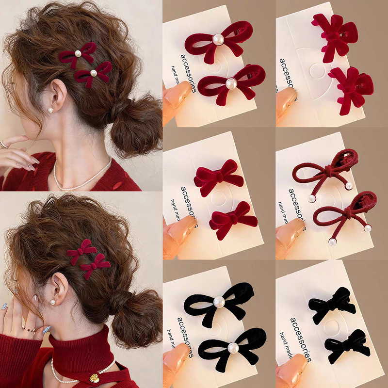 Retro Red Side Clip Princess Head Bangs Braided Hair Clip 2025 New Hair Clip Flocking Small Clip Headwear