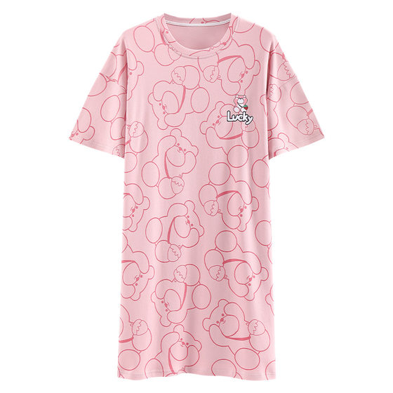 Summer New Style Cotton Short-sleeved Nightgown with Chest Pad Women's Mid-length Large Size Sweet Cartoon Cotton Women's Home Clothes