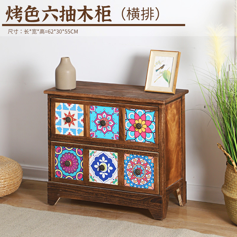 Mesita de noche americana, armario de almacenamiento creativo pastoral retro, armario de almacenamiento de madera, armario de almacenamiento de estilo étnico pintado