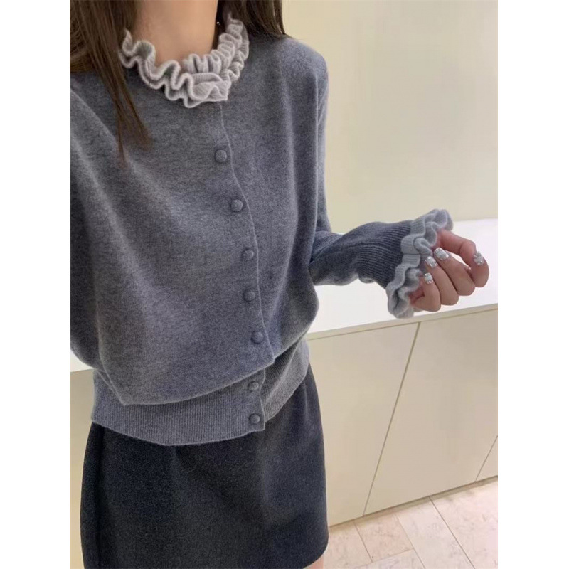 KANING法式木耳边撞色针织开衫女2025秋季新款女装毛衣女士针织衫