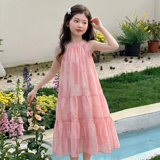 女童无袖连衣裙夏装女孩粉色蛋糕裙中长款甜美雪纺公主裙儿童裙子