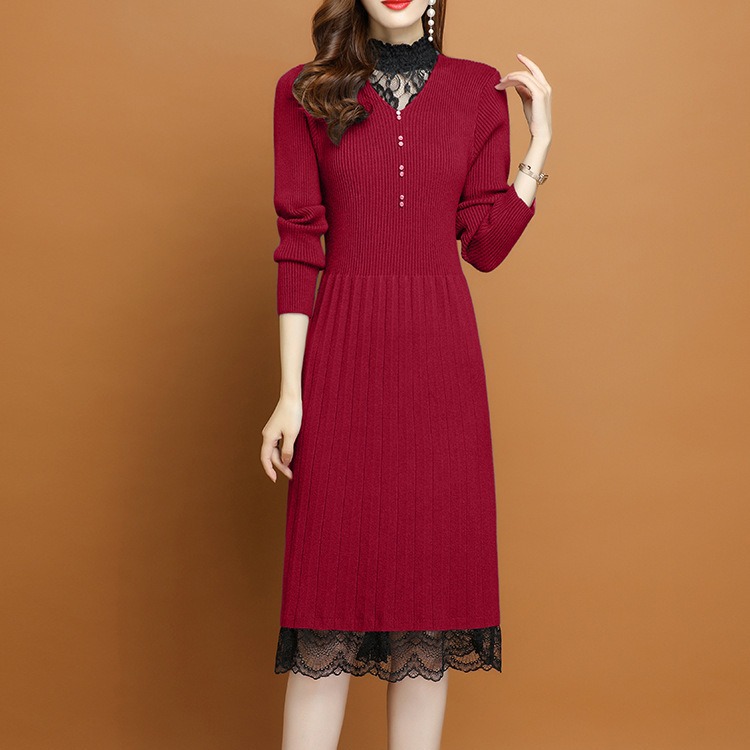 Early Autumn New Style Over-The-Knee Women's Sweater Knit Dress, Mid-Length Autumn and Winter Lace Base Dress Paired with a Coat Dress