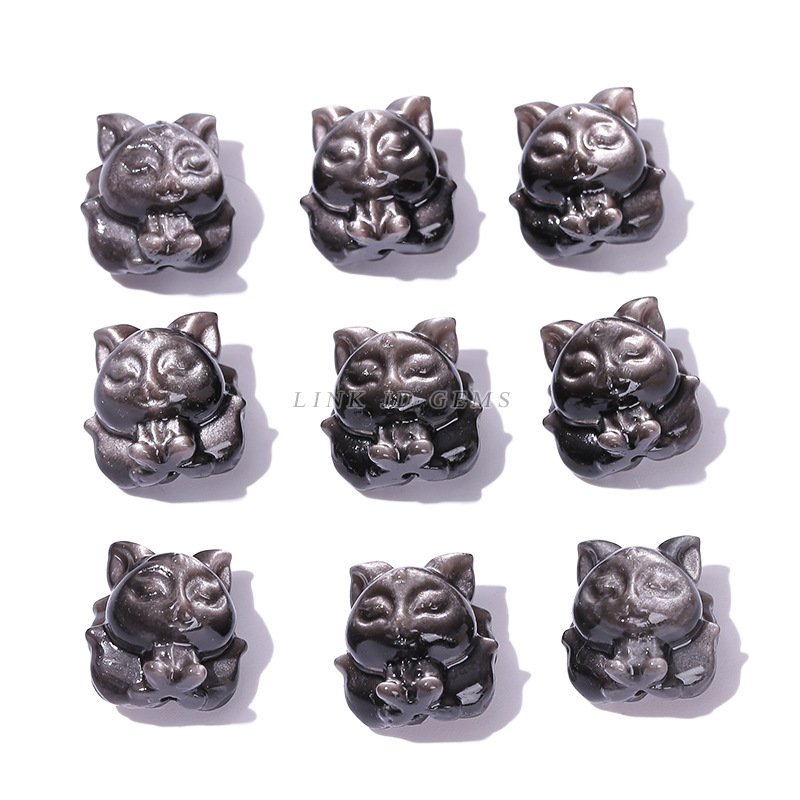 Jingyao Accessories Natural Silver Obsidian Small Carving Pieces Awakening Lion Nine-Tailed Fox Butterfly Accessories DIY Jewelry Pendant Wholesale