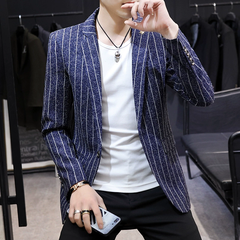 Трансграничные поставки повседневный костюм с принтом в полоску, мужской осенний Новый корейский приталенный пиджак для подростков