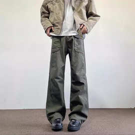美式复古多口袋褶皱微喇工装裤男潮牌小众cleanfit休闲裤子