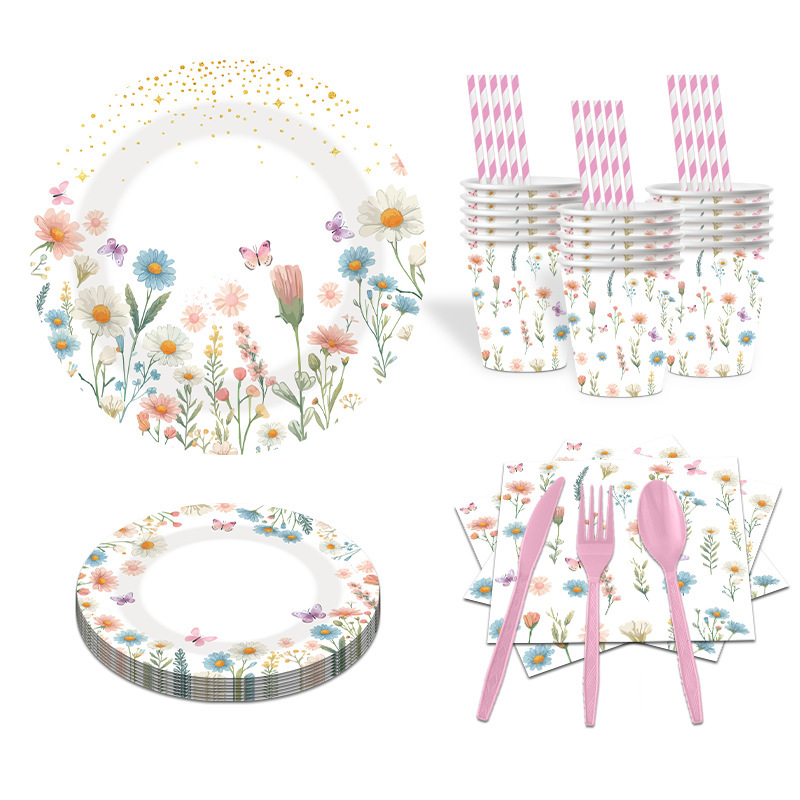 New Flower Birthday Party Disposable Water-Absorbent and Leak-Proof Paper Cups Paper Plates Paper Towels Straw Tableware Set Batch New Flower Birthday Party Disposable Water-Absorbent and Leak-Proof Paper Cups Paper Plates Paper Towels Straw Tableware Set Batch