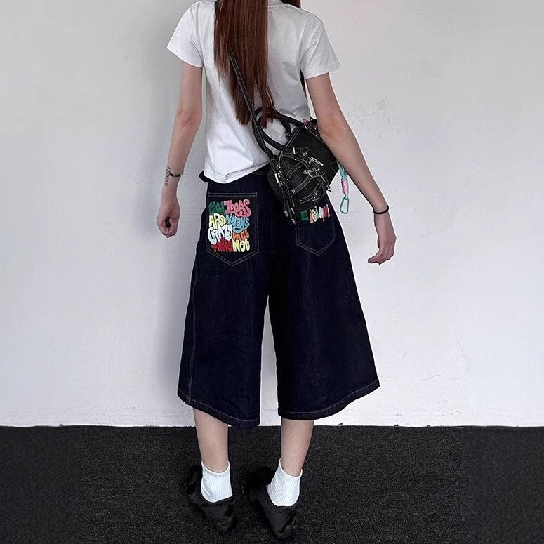 Plus Size American High Street Washed Straight Jeans for Women Niche Design Loose High Waist Straight Casual Cropped Pants
