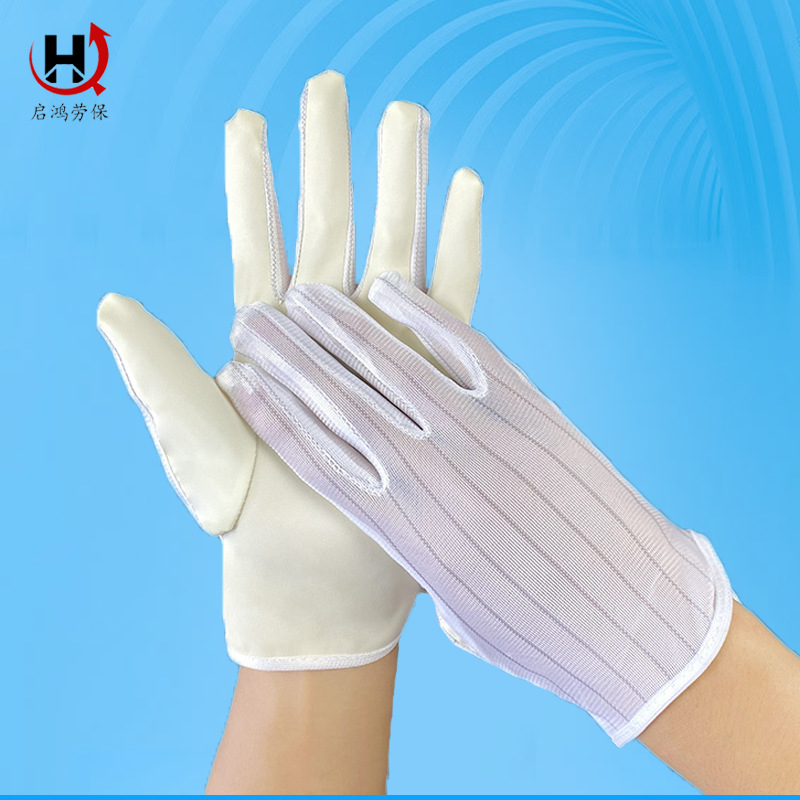 米黄条纹防静电PU手套接指涂掌PU手套双拼五指PU一次性手套电子厂