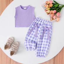Children's clothing亚马逊欧美童装女童紫色背心+格子长裤跨境