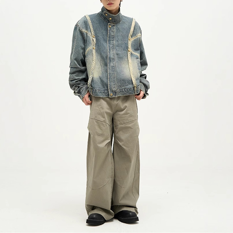 Americano retro costura Denim abrigo de primavera y otoño de los hombres de diseño suelto sentido nicho casual todo-Juego de ropa de trabajo chaqueta superior