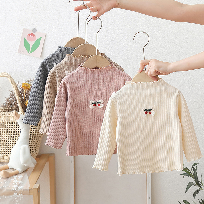 Women's Autumn Base Shirt Thin 2023 New Stylish Baby Half-Neck Elastic Innerwear Children Cherry Knit Shirt