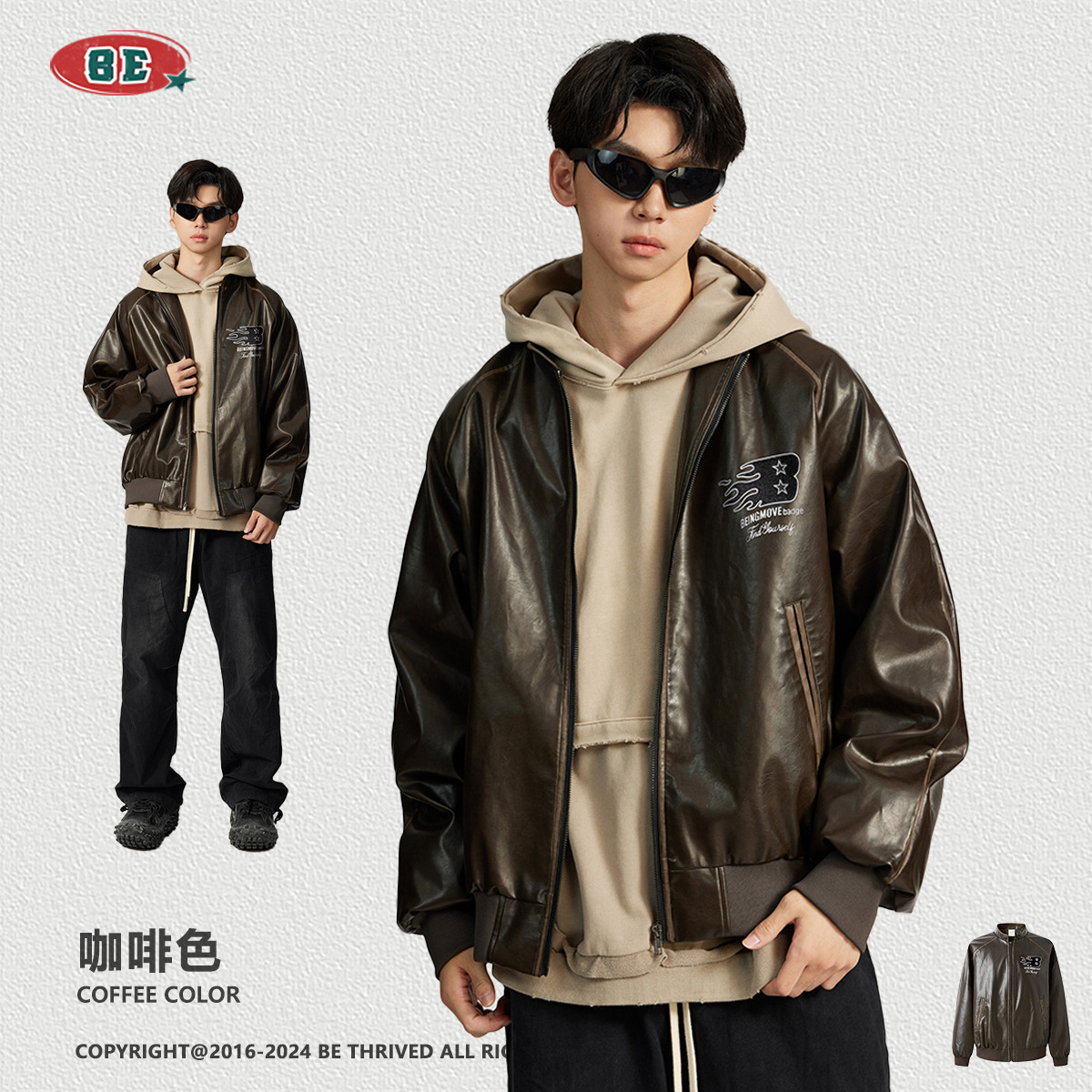 BE ropa de hombre | Chaqueta de cuero estilo motociclista con cuello alto, estilo retro bomber, estilo granero para hombre, primavera 2025