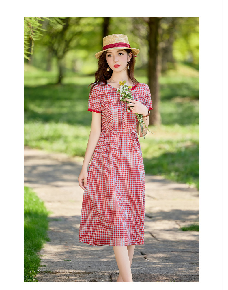 Đầm maxi nữ thắt eo cổ tròn họa tiết kẻ caro vintage — Màu ảnh chi tiết 10