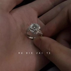 如蝶在野 月下玫瑰~清冷感锆石微镶立体玫瑰戒指轻奢高级感指环