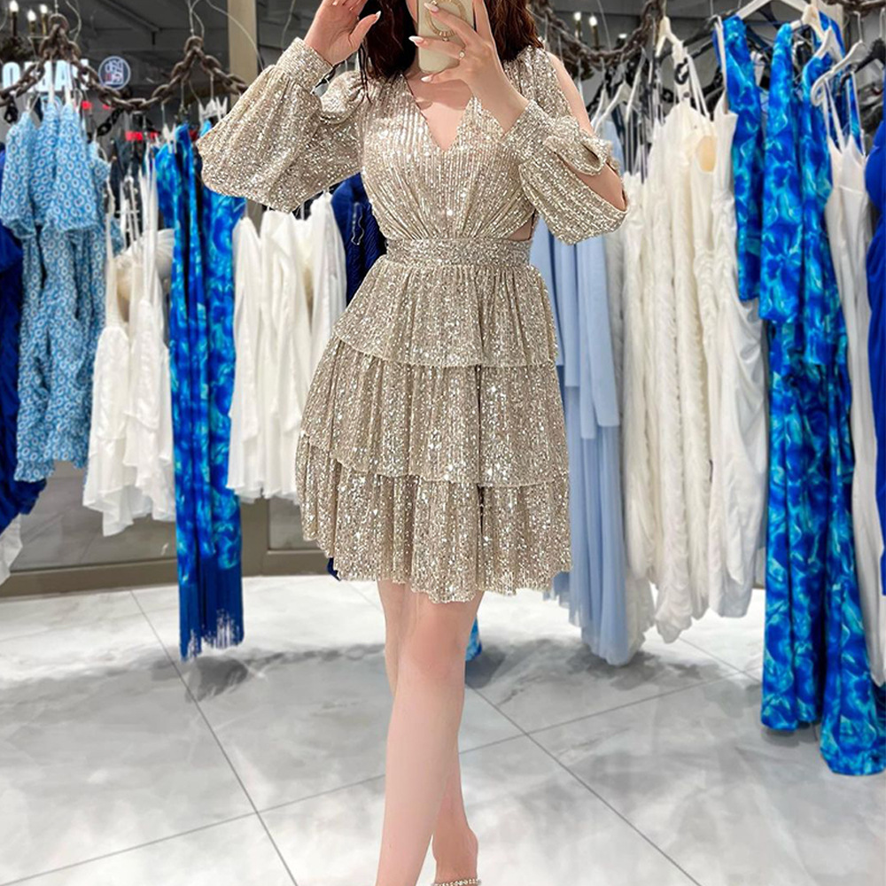 Slim Fit Type Glittery, Solid Color Pattern Wholesale Women's Streetwear Sequins Glittery Solid Color Holiday Daily V Neck Long Sleeve Sequin Dress