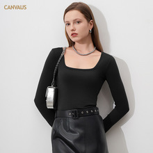CANVAUS秋冬新款方领打底衫女长袖修身弹力罗纹肌底基础款T恤上衣